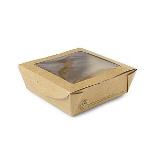 Крафт-коробка из переработанного картона с окошком из кукурузного крахмала, 660мл, 120 x 120 x 45 мм, в пачке 300 шт