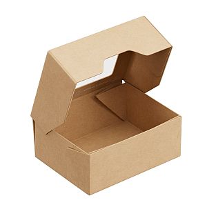 OneBox kartona kārba ar atveramu vāku un caurspīdīgu logu, 350 ml, kraft, 80 х 100 x 40 mm, iesaiņots 25 gabali