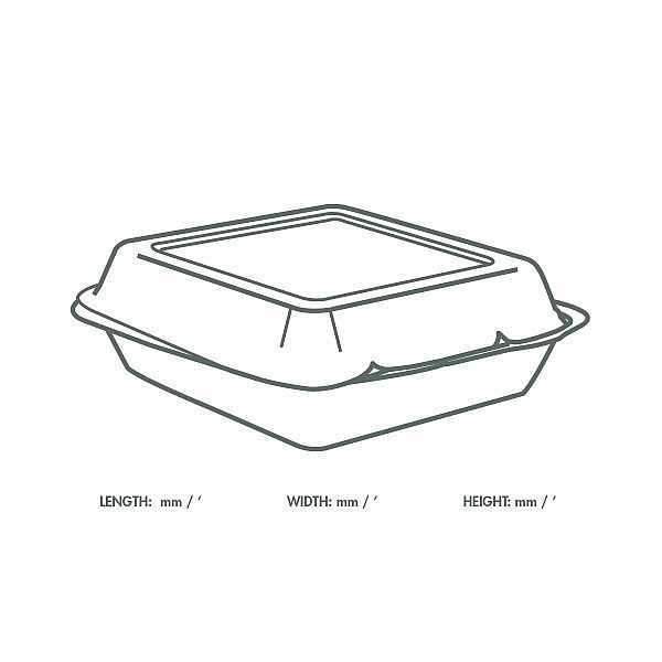 Bagasse lunch box, square, 203 mm, lightweight, 50 pcs per pack