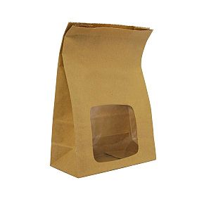 Compostable kraft bloomer bag with NatureFlex window (152 x 76 x 228 mm), 250 pcs per pack