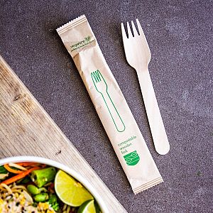Compostable wooden fork, wrapped, 100 pcs per pack