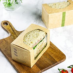 Коробка для сэндвичей “Bloomer” из крафт-картона с окошком из кукурузного крахмала, в пачке 500 шт