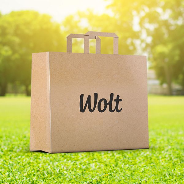 Papīra maisiņš ar rokturiem, ar WOLT logotipu, iesaiņots 250 gabali